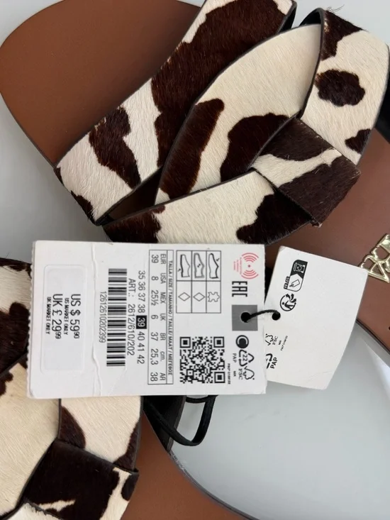 Zara Brown & White Cow-Print Slide Sandals with Gold Logo - Picture 2 of 4